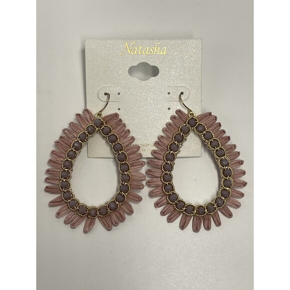 Natasha Beaded Raffia Large Teardrop Statement Earrings In Dusty Rose New - Picture 1 of 7